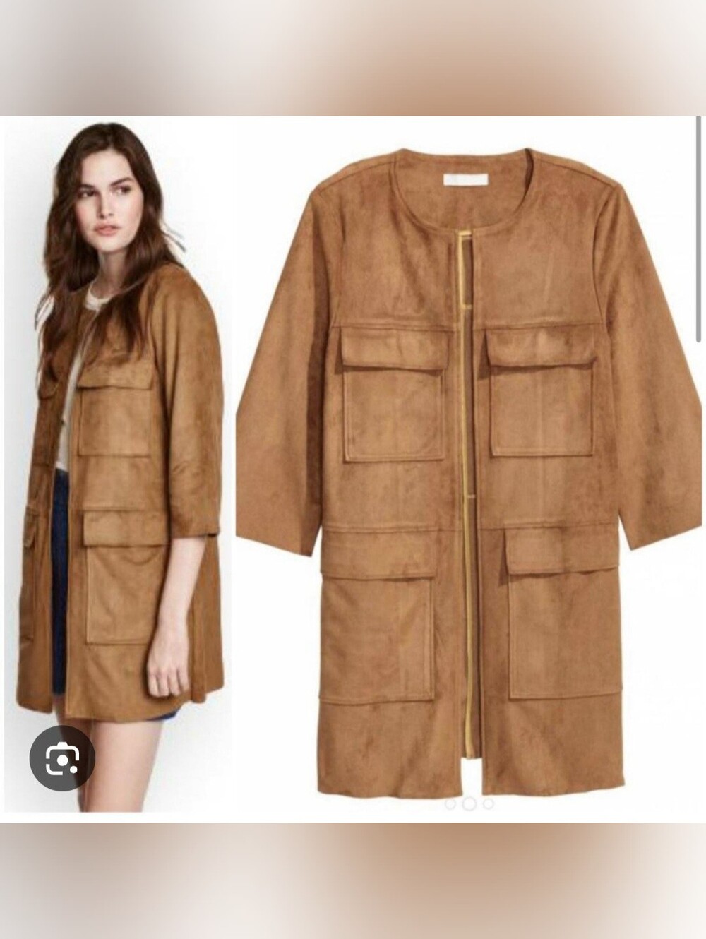 H&M Women's Camel 3/4 Sleeve Open Front Faux Suede Coat /Jacket Size 8 S/M